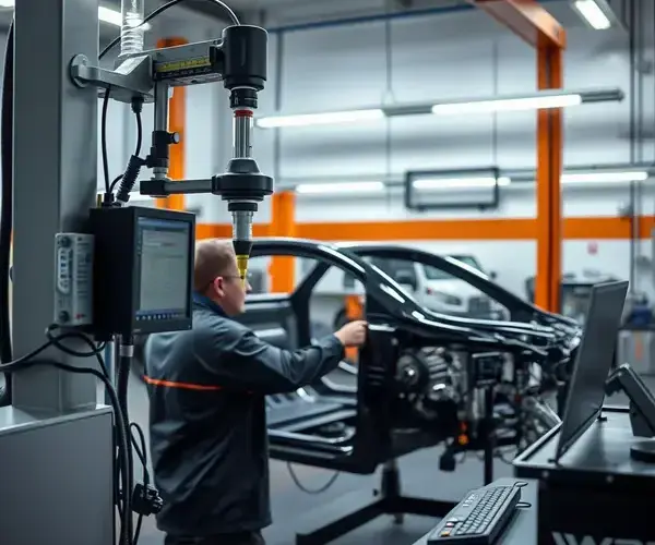 Computerized frame straightening equipment in action